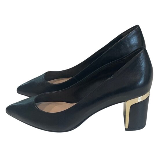 DKNY Black Leather Block Heel Pumps Size 6.5 Classic Durable Elegant - Picture 1 of 5